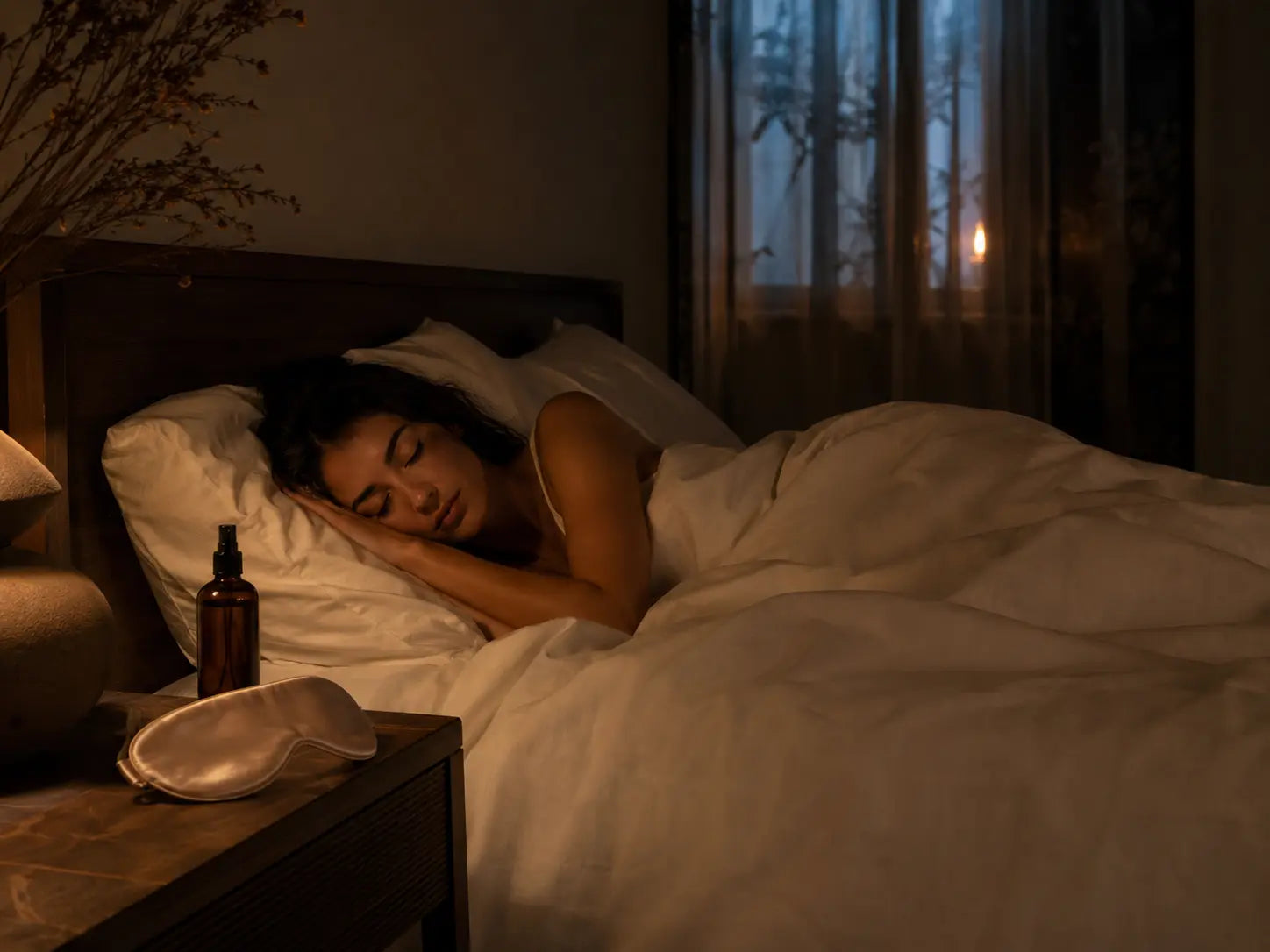 Woman sleeping peacefully in a warm, dimly lit bedroom beside an amber wellness bottle and white sleep mask.