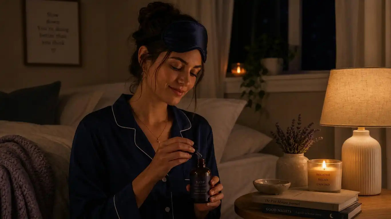 Woman following a calming bedtime routine in a softly lit bedroom with a sleep mask and aroma ritual bottle.