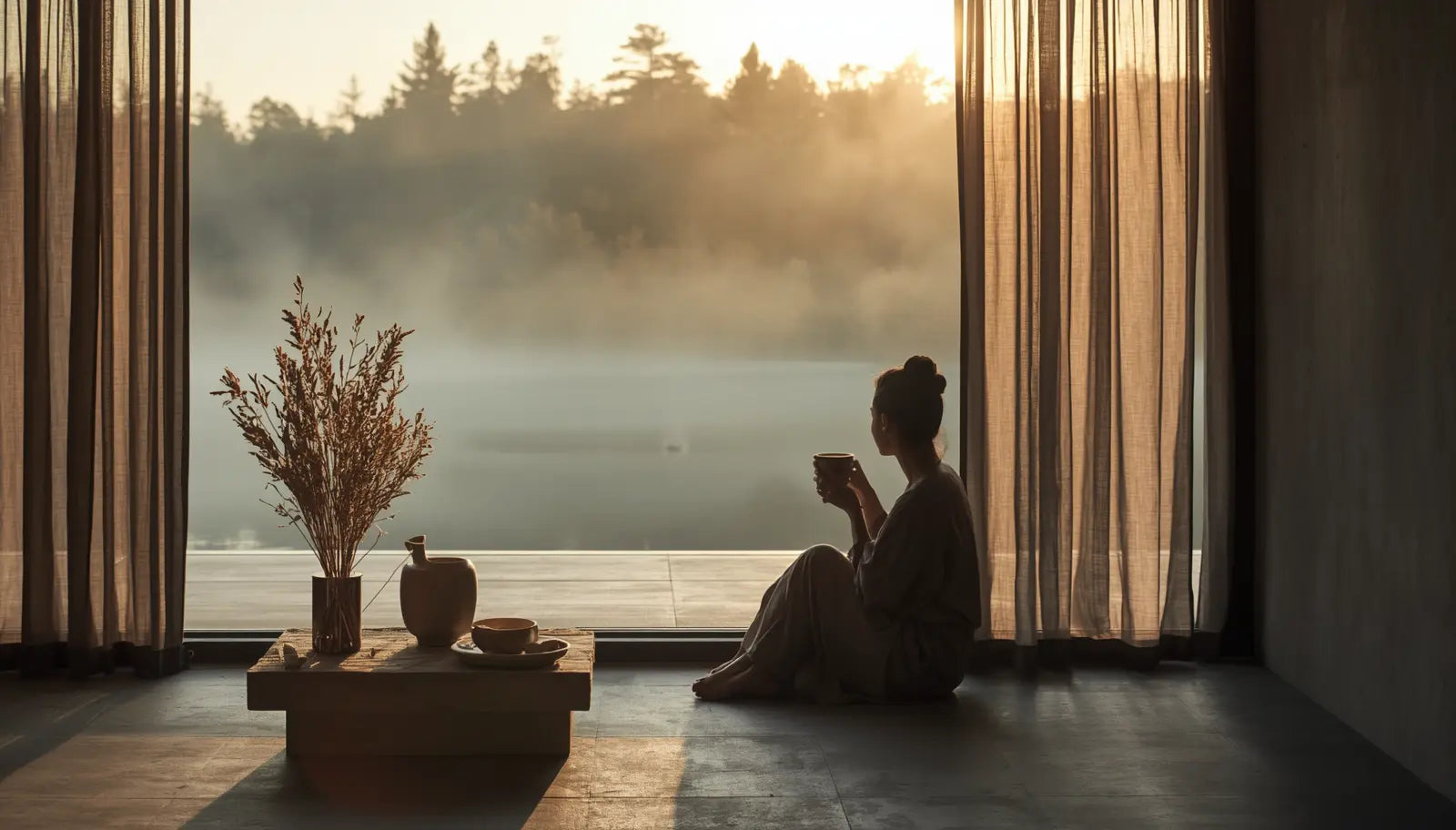 A person sits on the floor in a minimalist room, holding a cup and saucer, with a low wooden table holding a vase of dried branches and a small pot in the foreground. Large sheer curtains frame a misty lake or river landscape at sunrise or sunset, with trees in the distance.