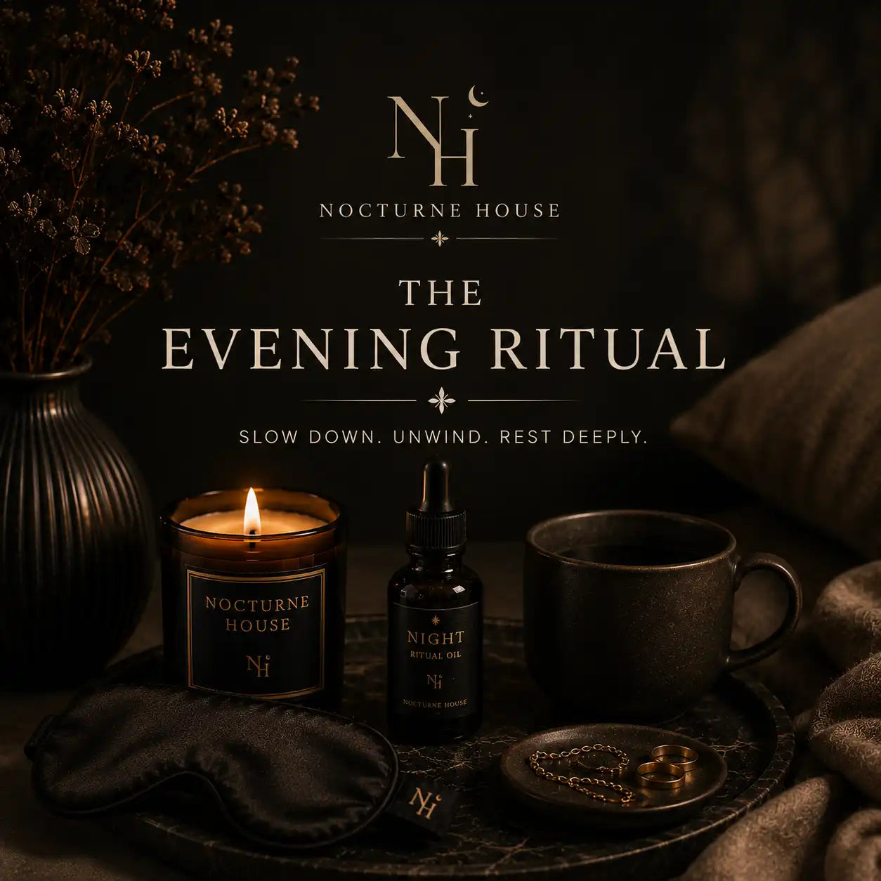 Nocturne House 'The Evening Ritual' product set featuring a lit candle, a dropper bottle, a dark ceramic mug, a silk eye mask, and a small jewelry dish on a tray, styled with dried flowers and a pillow in a dark, moody setting.