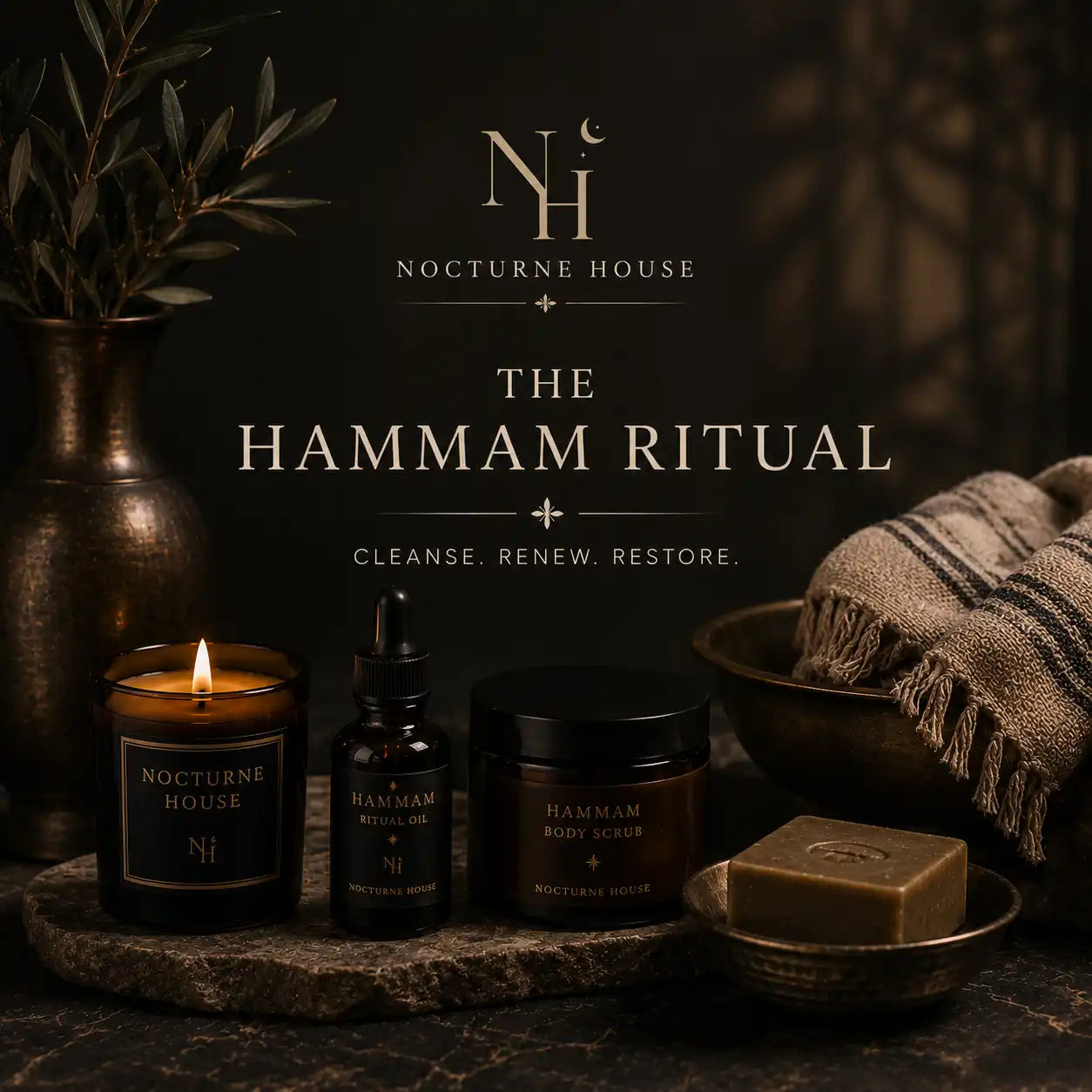 Nocturne House 'The Hammam Ritual' set featuring a lit candle, body oil, body scrub, and a bar of soap arranged on a stone tray with a rustic towel and bronze vessel in the background.