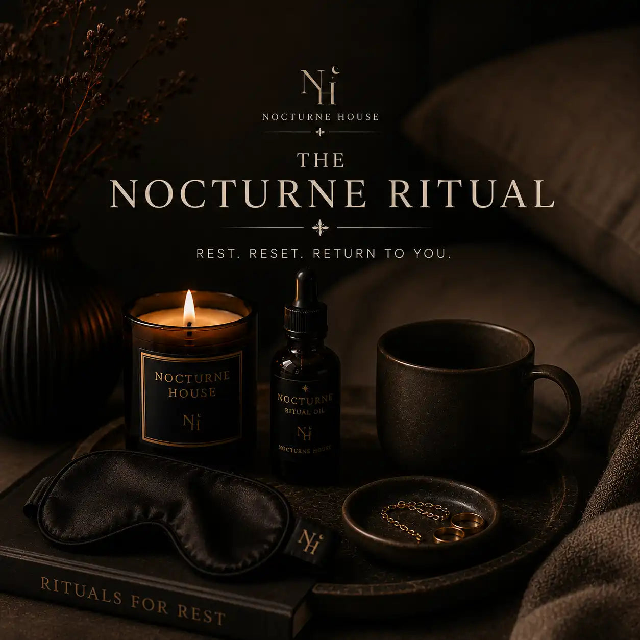 A styled product arrangement for Nocturne House 'The Nocturne Ritual' featuring a lit candle, a small dropper bottle, a dark ceramic mug, a black sleep mask, and a small dish on a tray, with branding text above on a dark draped background.