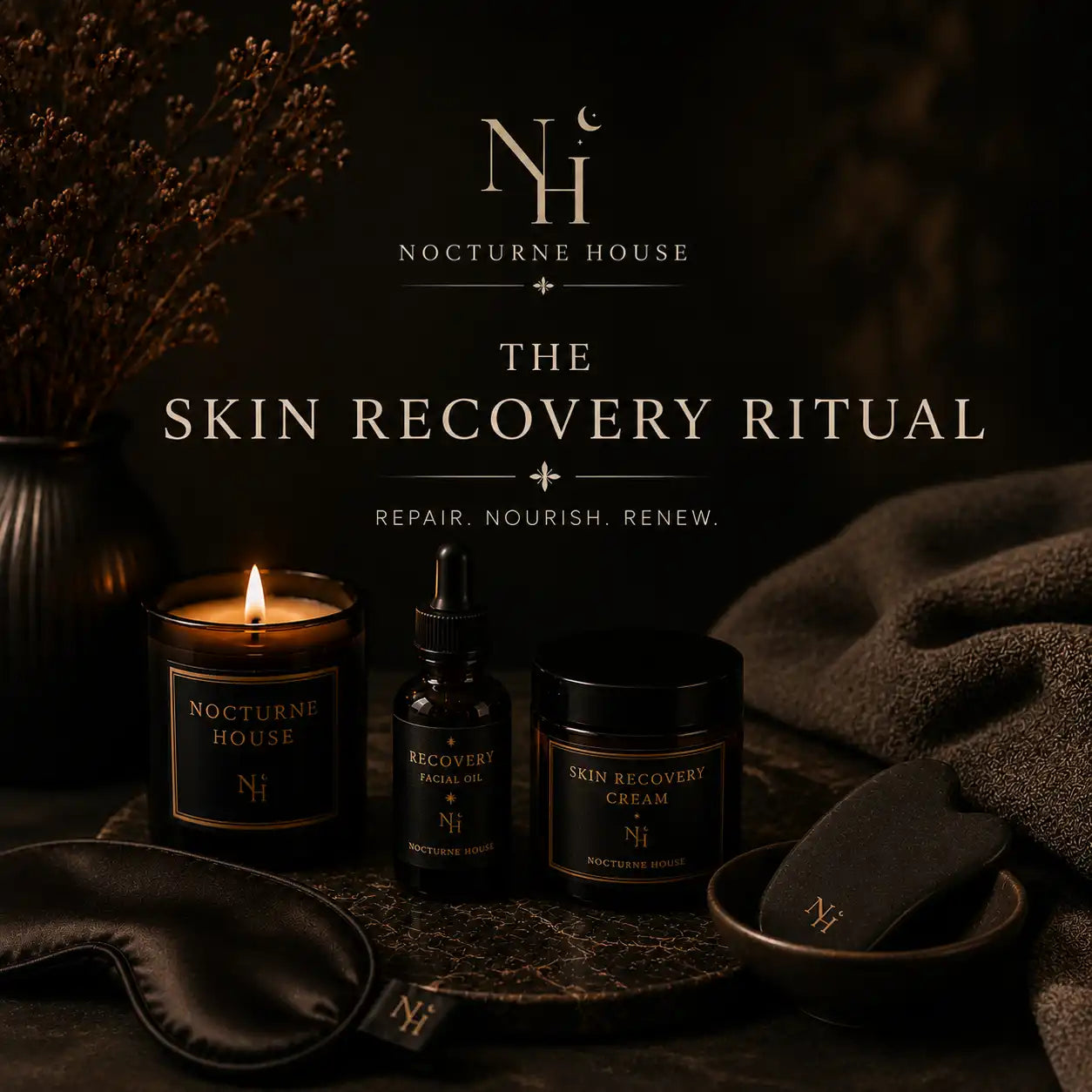 Nocturne House 'The Skin Recovery Ritual' set featuring a lit candle, facial oil dropper bottle, skin recovery cream jar, sleep mask, and bath soak in dark brown packaging on a marble tray with a towel.